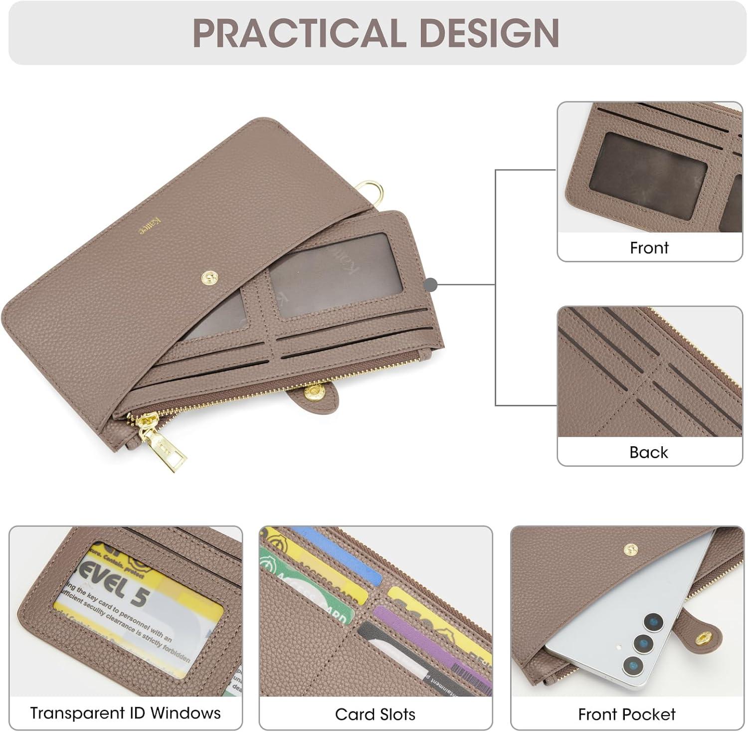 imageKattee Leather Wristlet Wallets for Women RFID Wallets Women Top Grain Leather Card Holder Phone Purses Clutch BagsKhaki