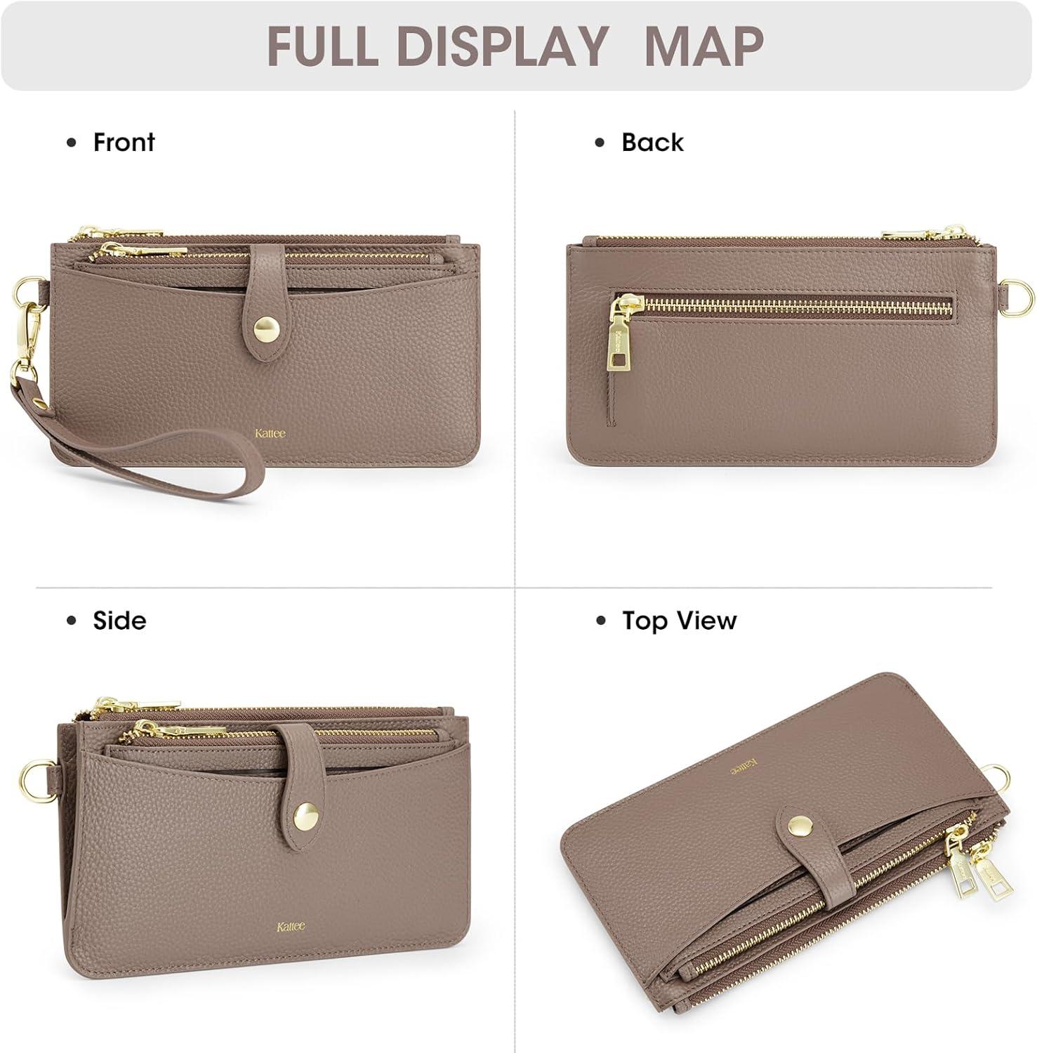 imageKattee Leather Wristlet Wallets for Women RFID Wallets Women Top Grain Leather Card Holder Phone Purses Clutch BagsKhaki