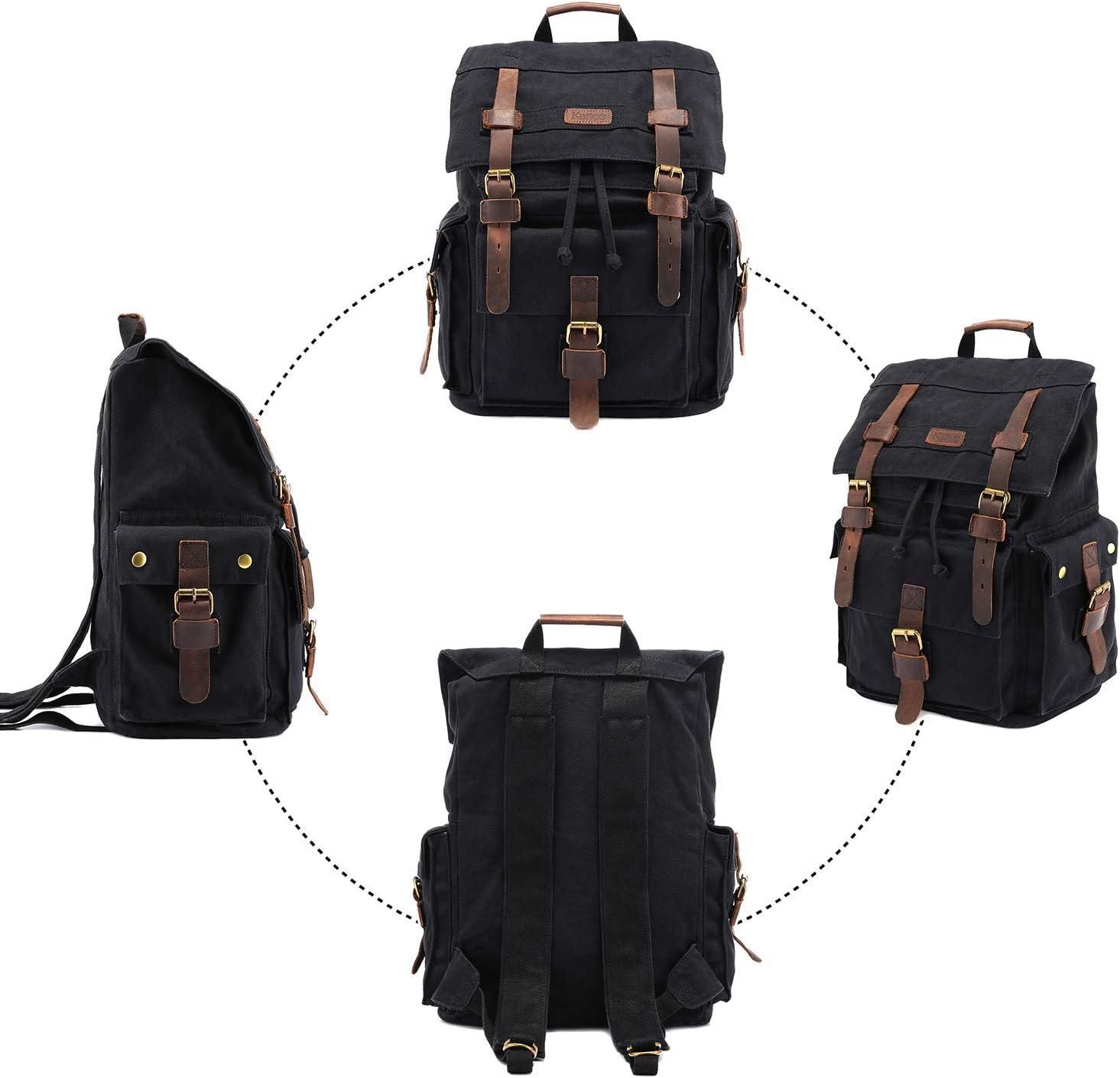 imageKattee Mens Leather Canvas Backpack Large School Bag Travel Rucksack BlackBlack