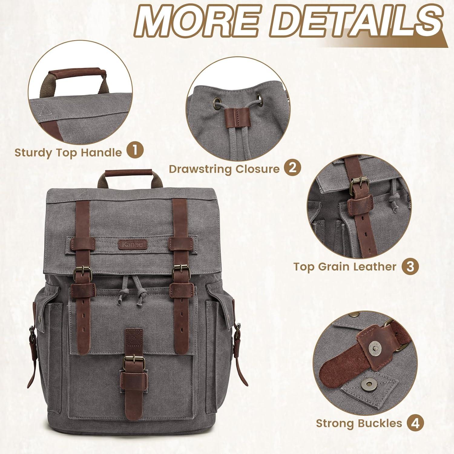 imageKattee Mens Leather Canvas Backpack Large School Bag Travel Rucksack BlackGrey