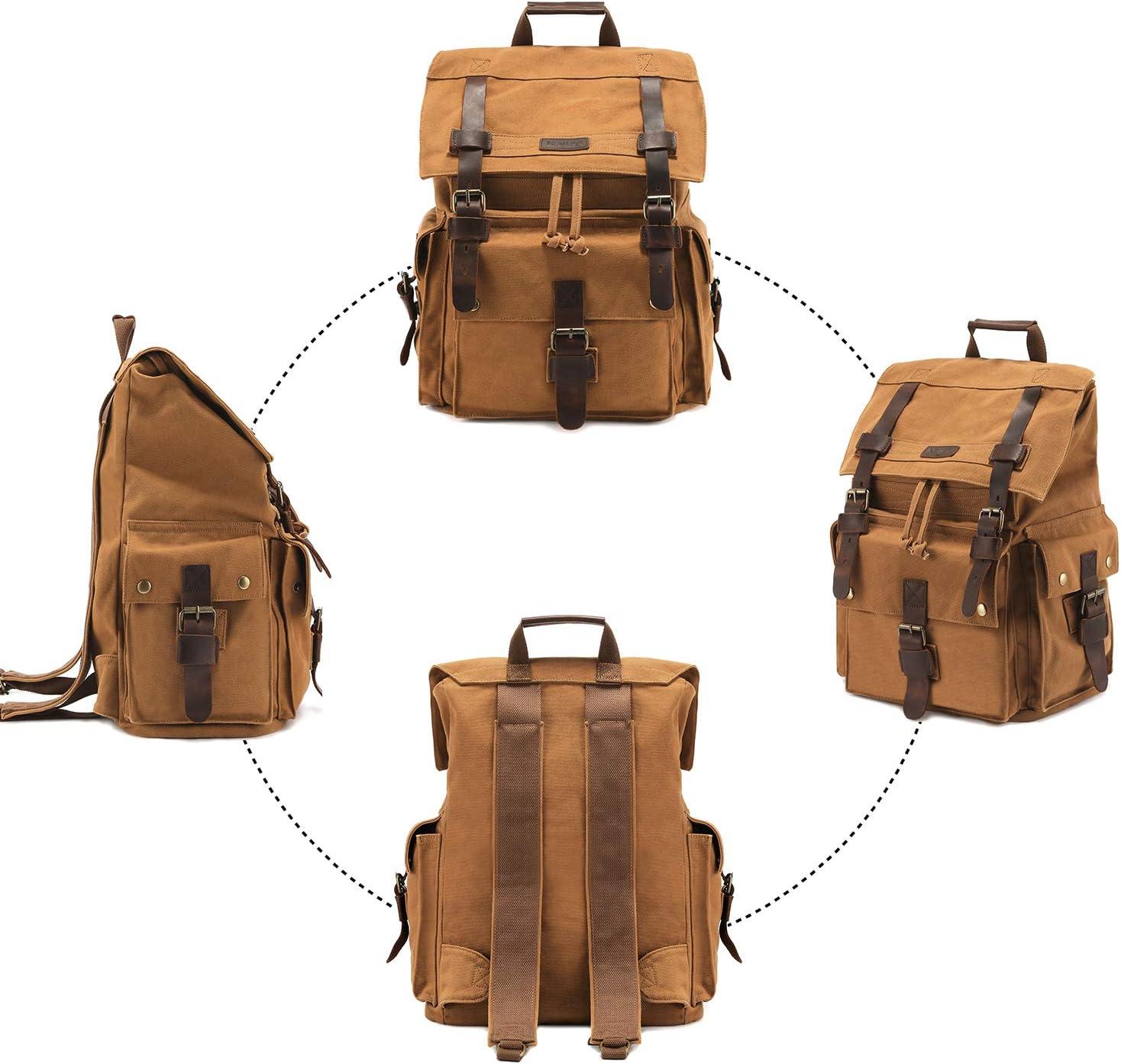 imageKattee Mens Leather Canvas Backpack Large School Bag Travel Rucksack BlackKhaki