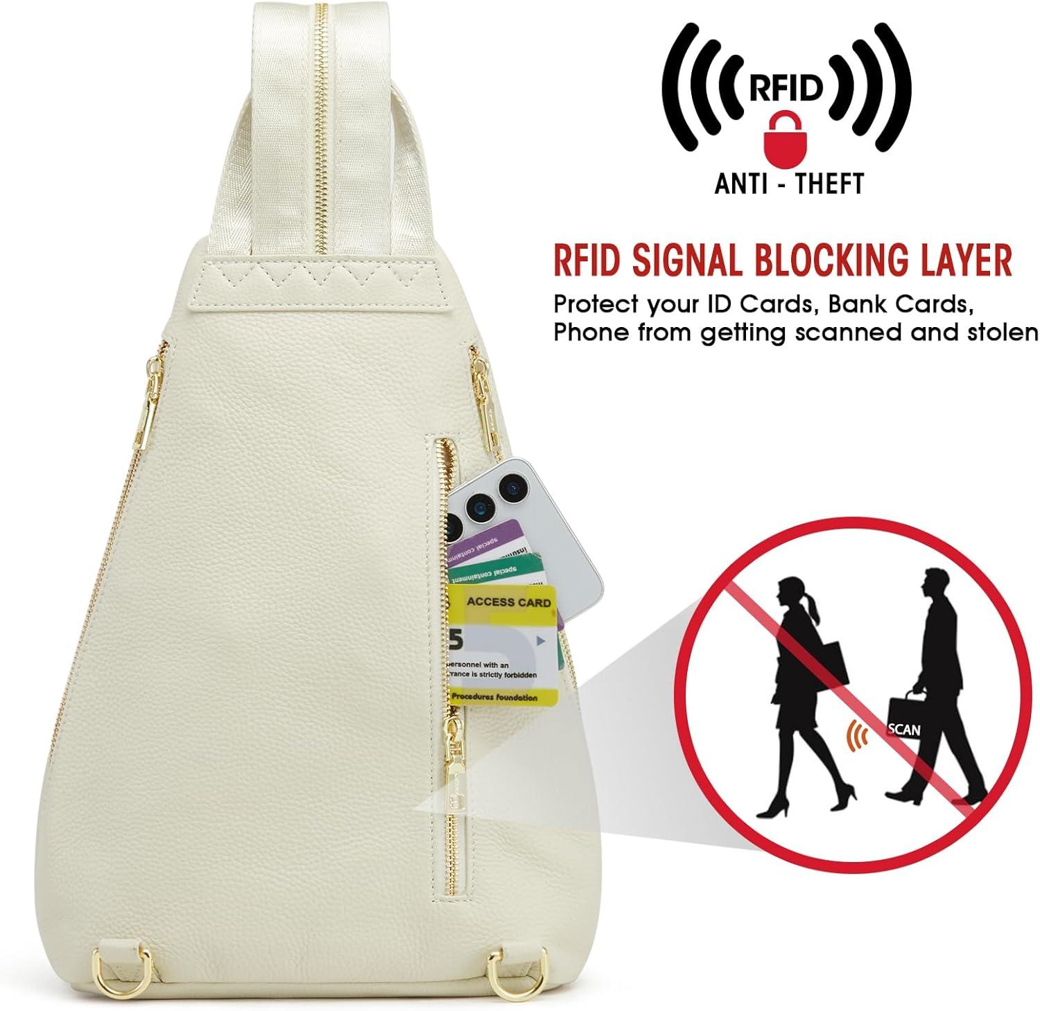 imageKattee Sling Bag for Women Crossbody Fanny Packs Chest Bag Top Grain Leather Daypack Backpack RFID Blocking TravelBeige