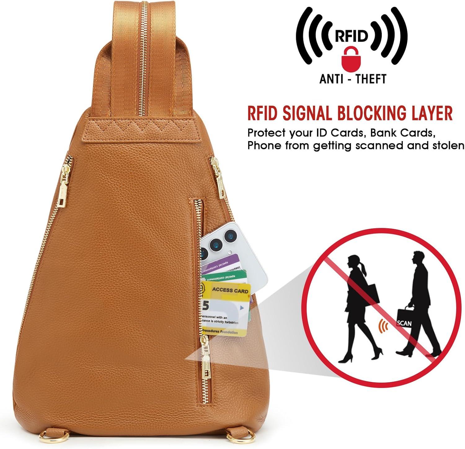 imageKattee Sling Bag for Women Crossbody Fanny Packs Chest Bag Top Grain Leather Daypack Backpack RFID Blocking TravelBrown