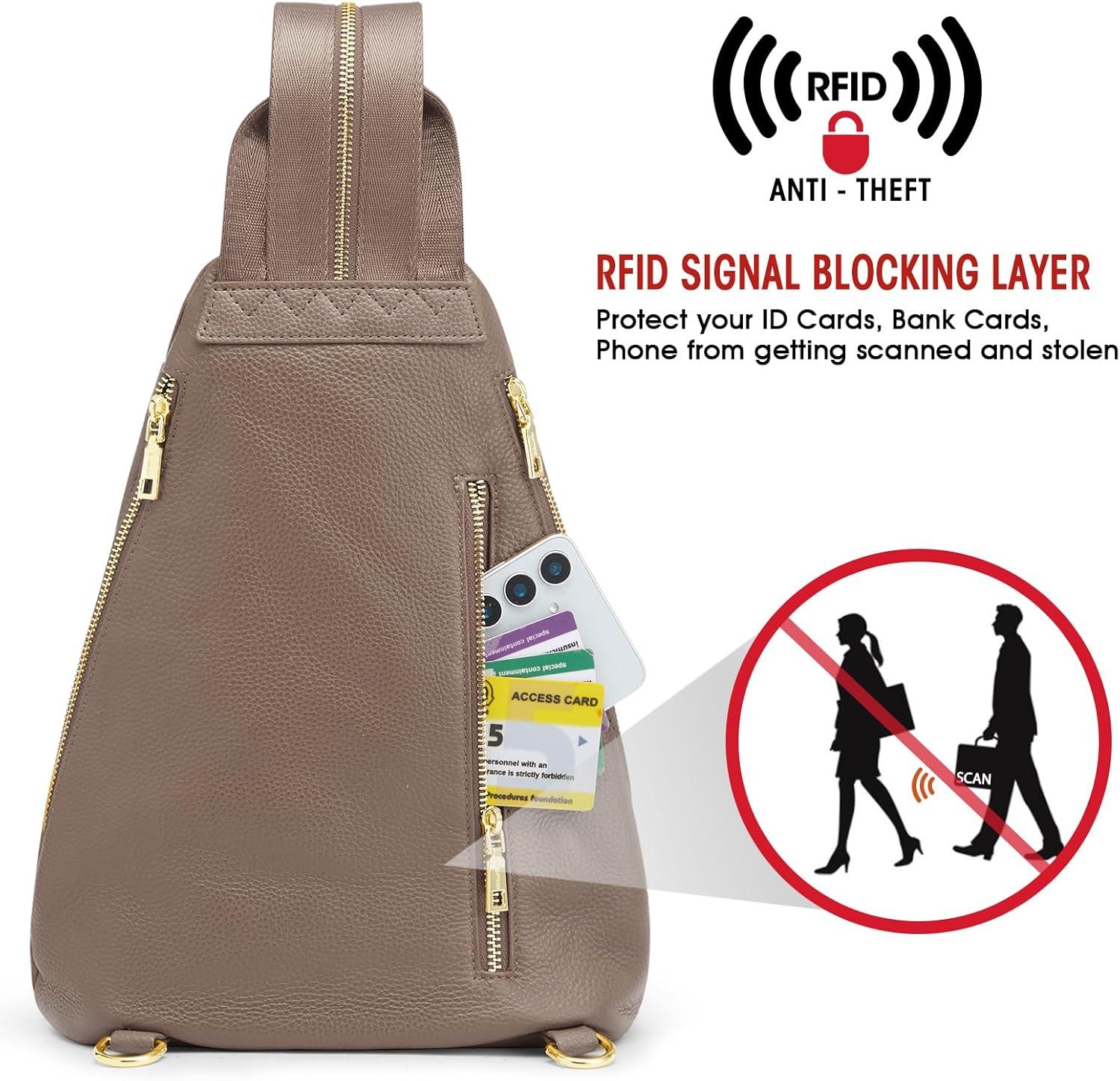 imageKattee Sling Bag for Women Crossbody Fanny Packs Chest Bag Top Grain Leather Daypack Backpack RFID Blocking TravelKhaki