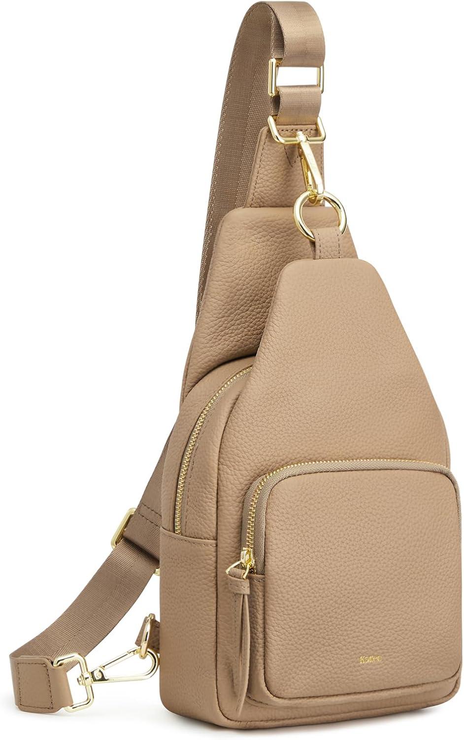 imageKattee Small Sling Bag for Women Leather Fanny Packs Crossbody Purse Chest Bag for Travel with RFID Blocking BlackTan