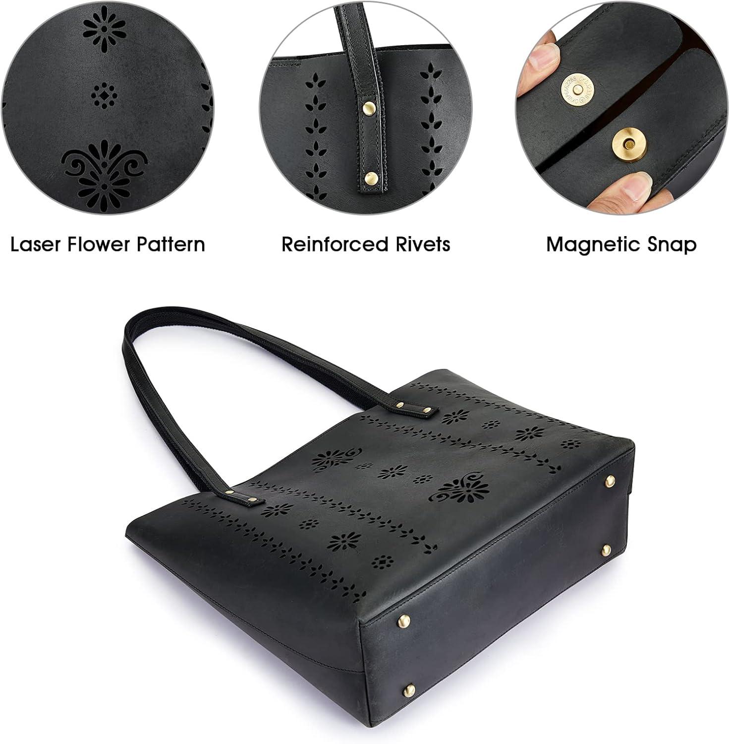 imageKattee Women Genuine Leather Tote Bags Shoulder Purses Vintage Handbags Top Handle Work Bags Thick Full GrainBlack