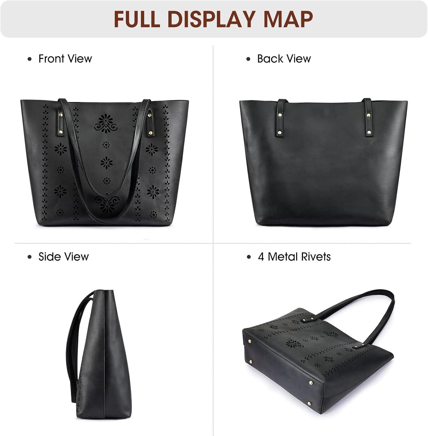 imageKattee Women Genuine Leather Tote Bags Shoulder Purses Vintage Handbags Top Handle Work Bags Thick Full GrainBlack