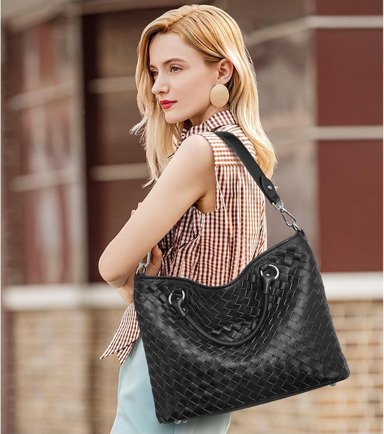 imageKattee Woven Bag for Women Leather Tote Bag Large Handbag and Purse Retro Handmade Shoulder BagBlack