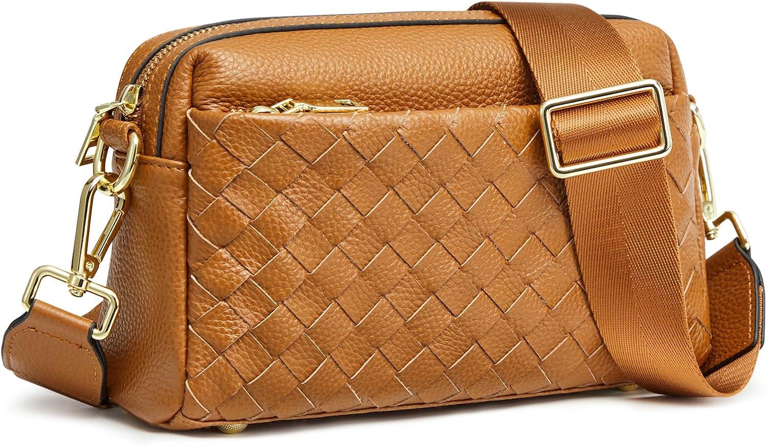 imageKattee Woven Bag for Women Small Soft Genuine Leather Shoulder Purses and Handbags CrossbodyBrown