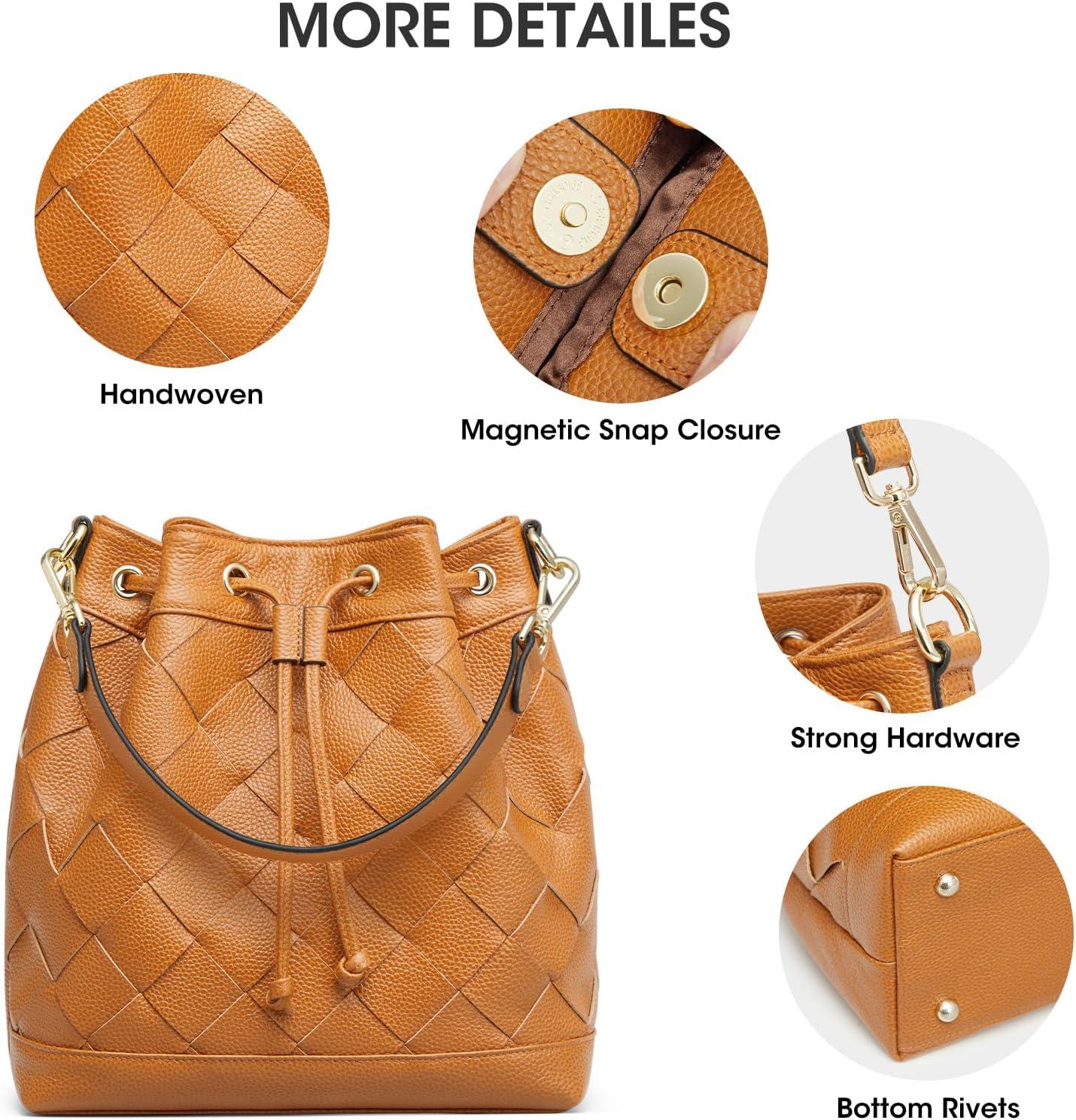 imageKattee Woven Leather Bucket Bags for Women Drawstring Crossbody Hobo Purses and Shoulder Handbags with 2 StrapsBrown