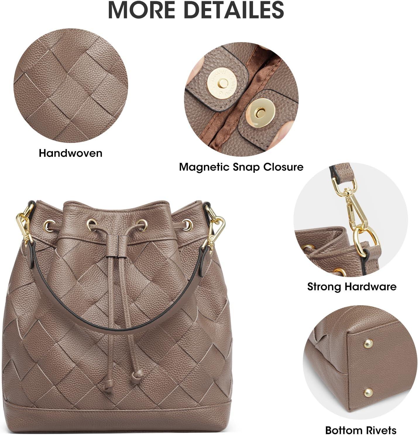 imageKattee Woven Leather Bucket Bags for Women Drawstring Crossbody Hobo Purses and Shoulder Handbags with 2 StrapsKhaki