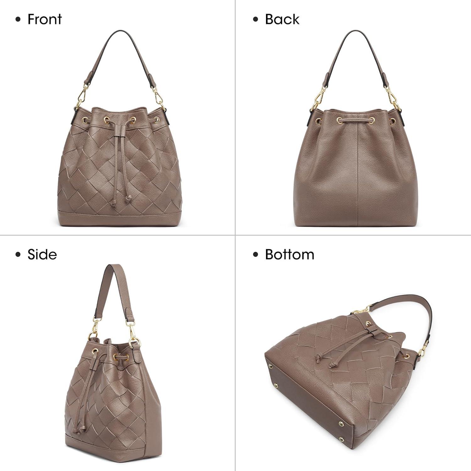 imageKattee Woven Leather Bucket Bags for Women Drawstring Crossbody Hobo Purses and Shoulder Handbags with 2 StrapsKhaki