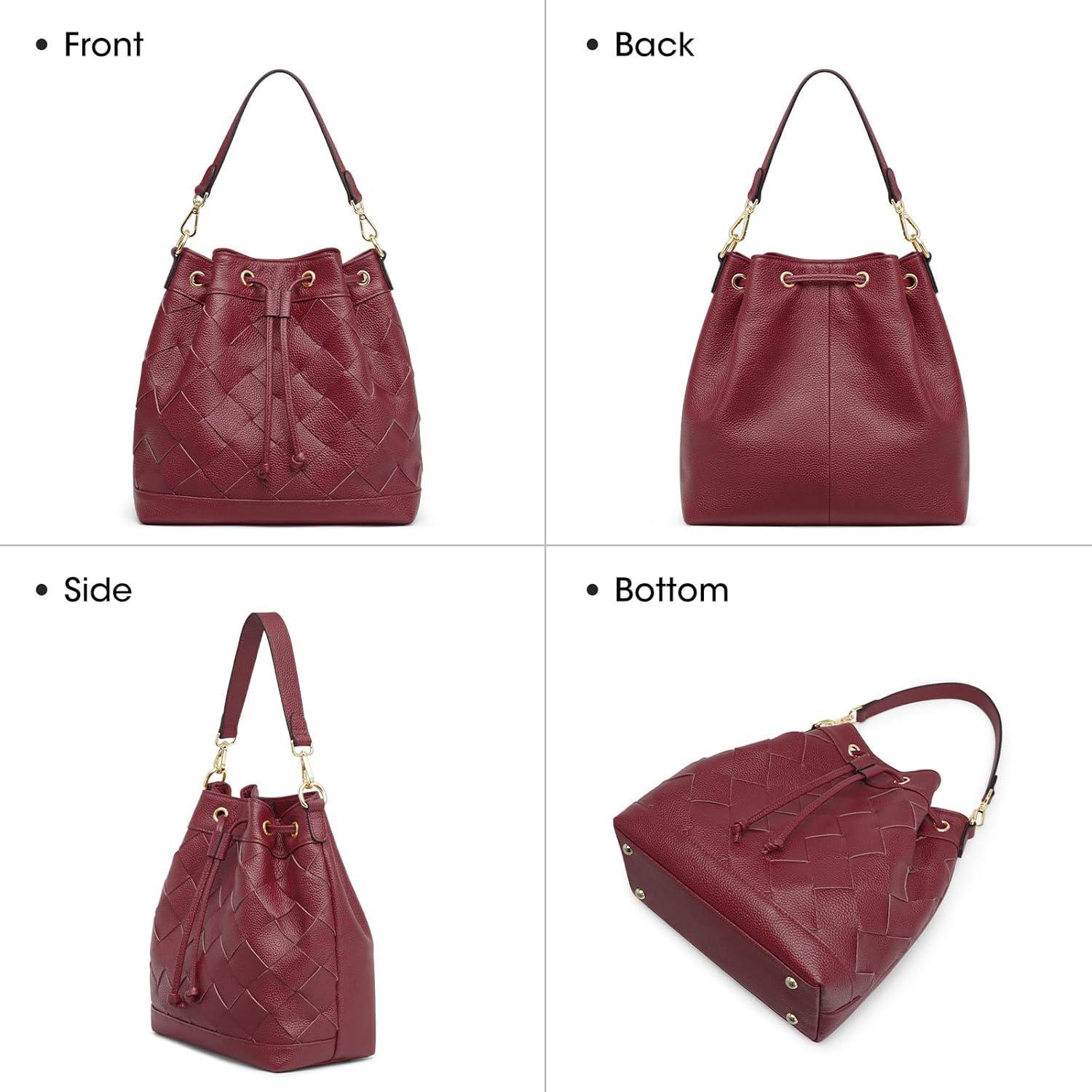 imageKattee Woven Leather Bucket Bags for Women Drawstring Crossbody Hobo Purses and Shoulder Handbags with 2 StrapsWine Red