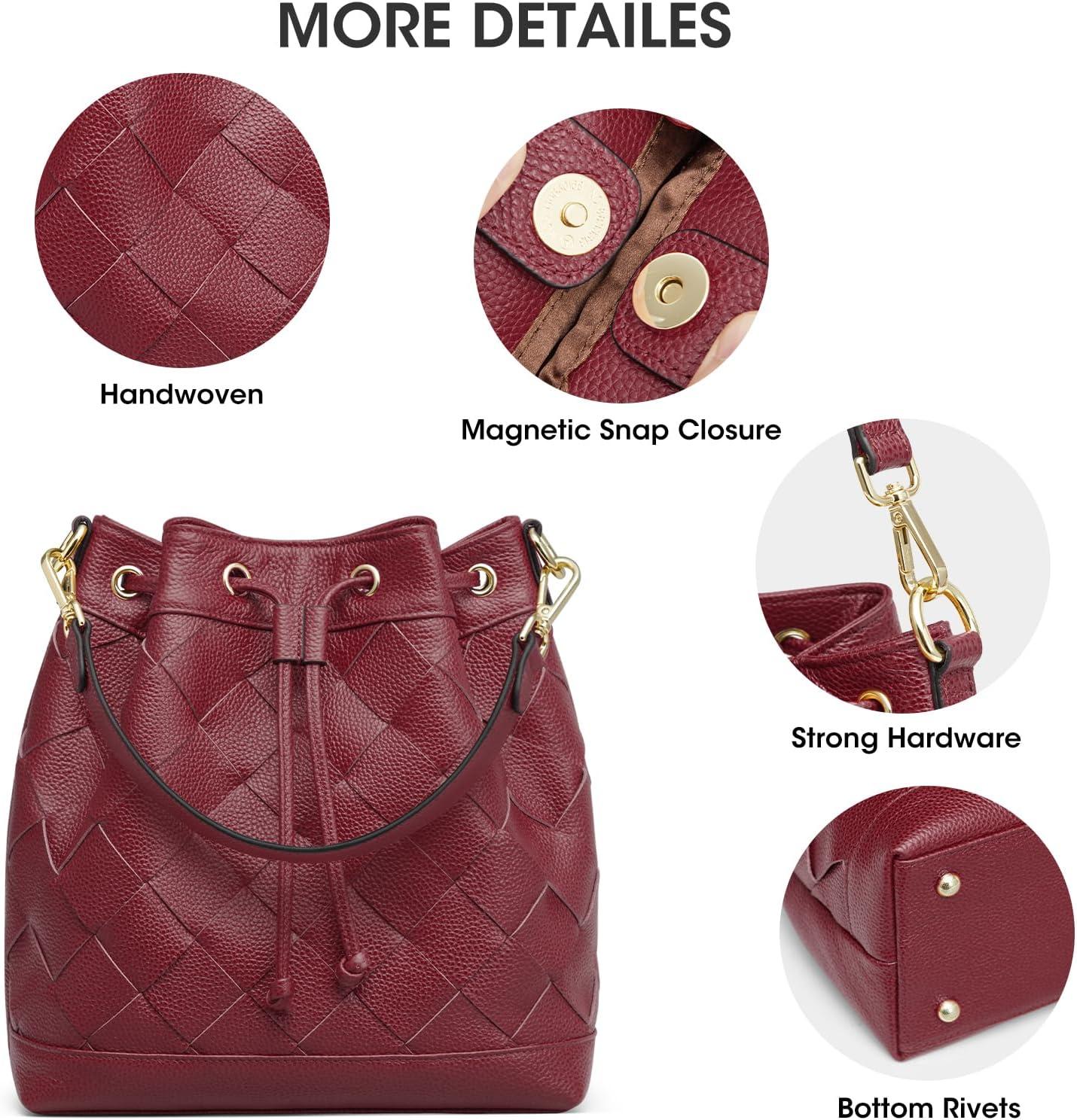 imageKattee Woven Leather Bucket Bags for Women Drawstring Crossbody Hobo Purses and Shoulder Handbags with 2 StrapsWine Red