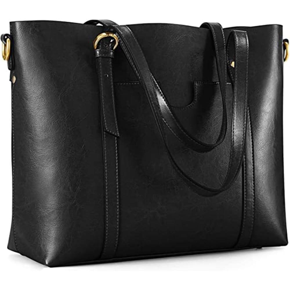 imageKattee Genuine Leather Women Tote Bag Soft Handbags Vintage Shoulder Purses Fashion Top Handle Bag Large CapacityBlack