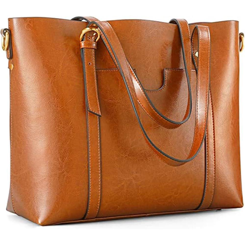 imageKattee Genuine Leather Women Tote Bag Soft Handbags Vintage Shoulder Purses Fashion Top Handle Bag Large CapacityBrown