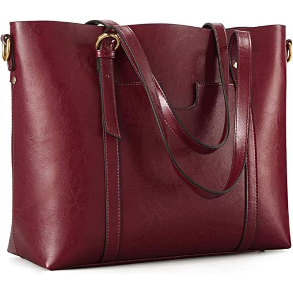 imageKattee Genuine Leather Women Tote Bag Soft Handbags Vintage Shoulder Purses Fashion Top Handle Bag Large CapacityRed