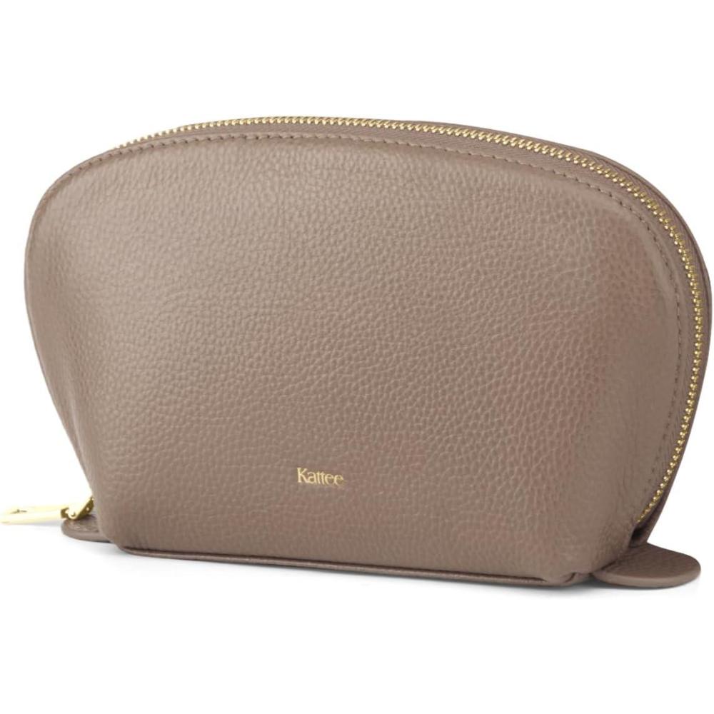 imageKattee Leather Makeup Bag Travel Cosmetic Bag Set Toiletry Bag Organizer for Women 1PACK Medium BrownKhaki