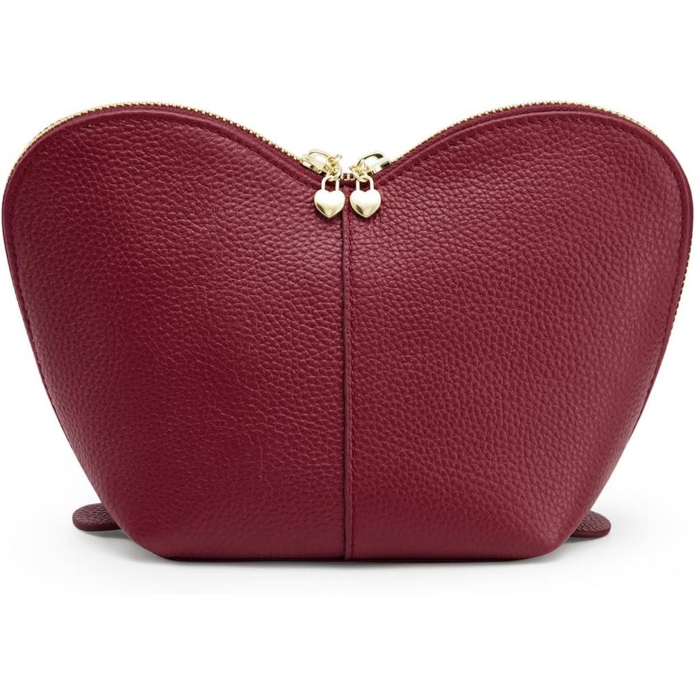 imageKattee Leather Makeup Bag Travel Large capacity Comestic Bag for Women Heart Shaped Portable Organizer Toiletry Bag for Working BlackWine Red