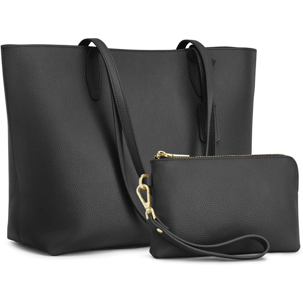 imageKattee Leather Tote Bags for Women Shoulder Purses and Handbags Travel Work Bags with Wristlet Wallet 2in1Black