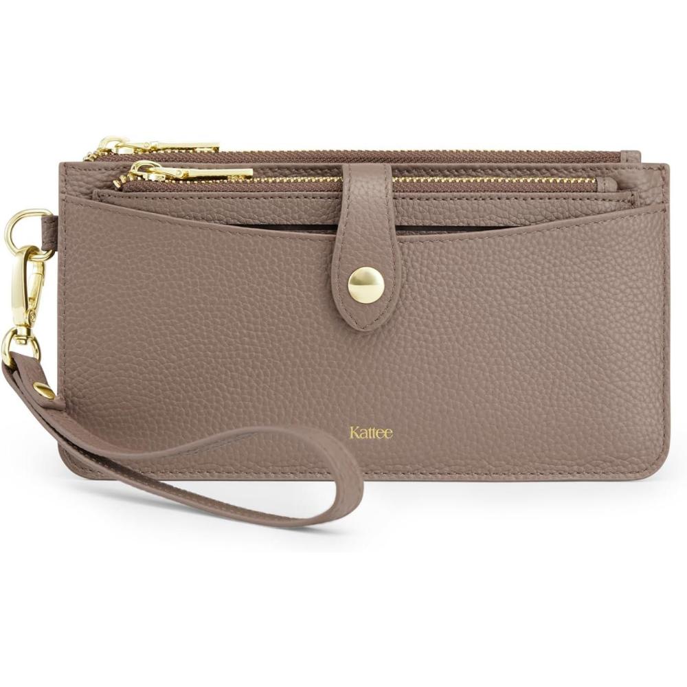 imageKattee Leather Wristlet Wallets for Women RFID Wallets Women Top Grain Leather Card Holder Phone Purses Clutch BagsKhaki