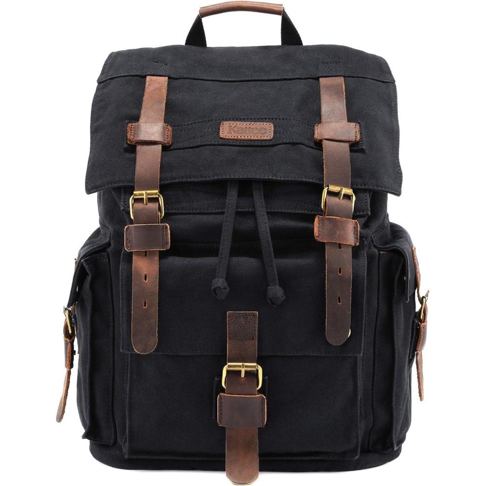 imageKattee Mens Leather Canvas Backpack Large School Bag Travel Rucksack BlackBlack