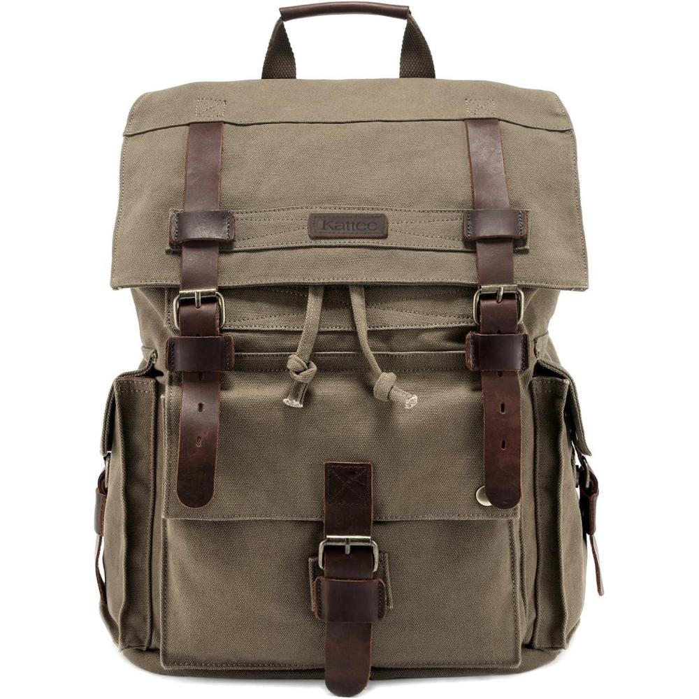 imageKattee Mens Leather Canvas Backpack Large School Bag Travel Rucksack BlackGreen