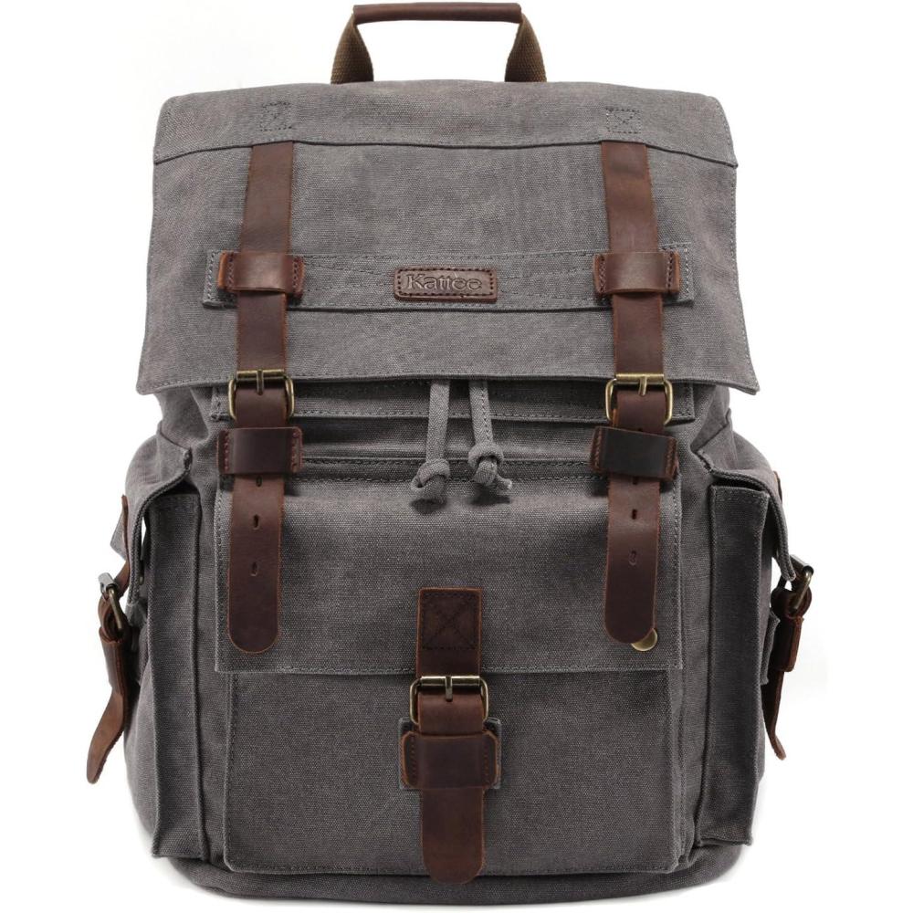 imageKattee Mens Leather Canvas Backpack Large School Bag Travel Rucksack BlackGrey