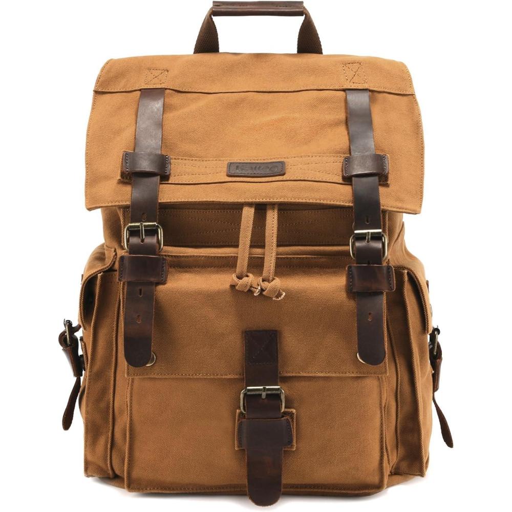 imageKattee Mens Leather Canvas Backpack Large School Bag Travel Rucksack BlackKhaki