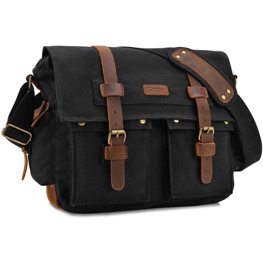 imageKattee Military Messenger Bag Canvas Leather Shoulder BagBlack