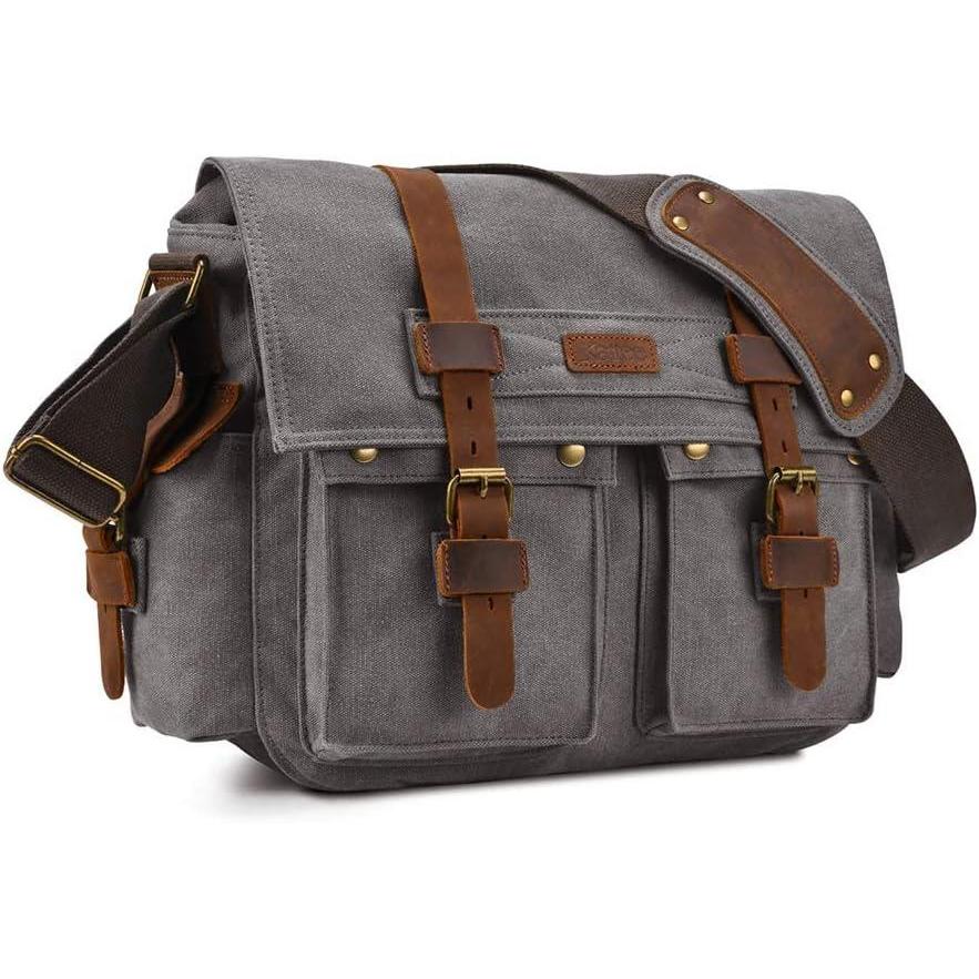 imageKattee Military Messenger Bag Canvas Leather Shoulder BagDark Gray