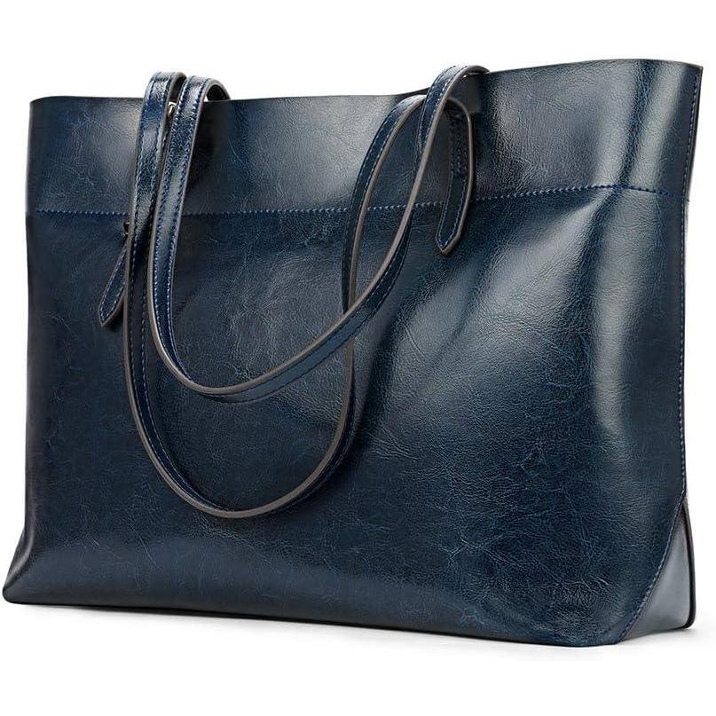 imageKattee Vintage Genuine Leather Tote Shoulder Bag for Women Satchel Handbag with Top HandlesDark Blue