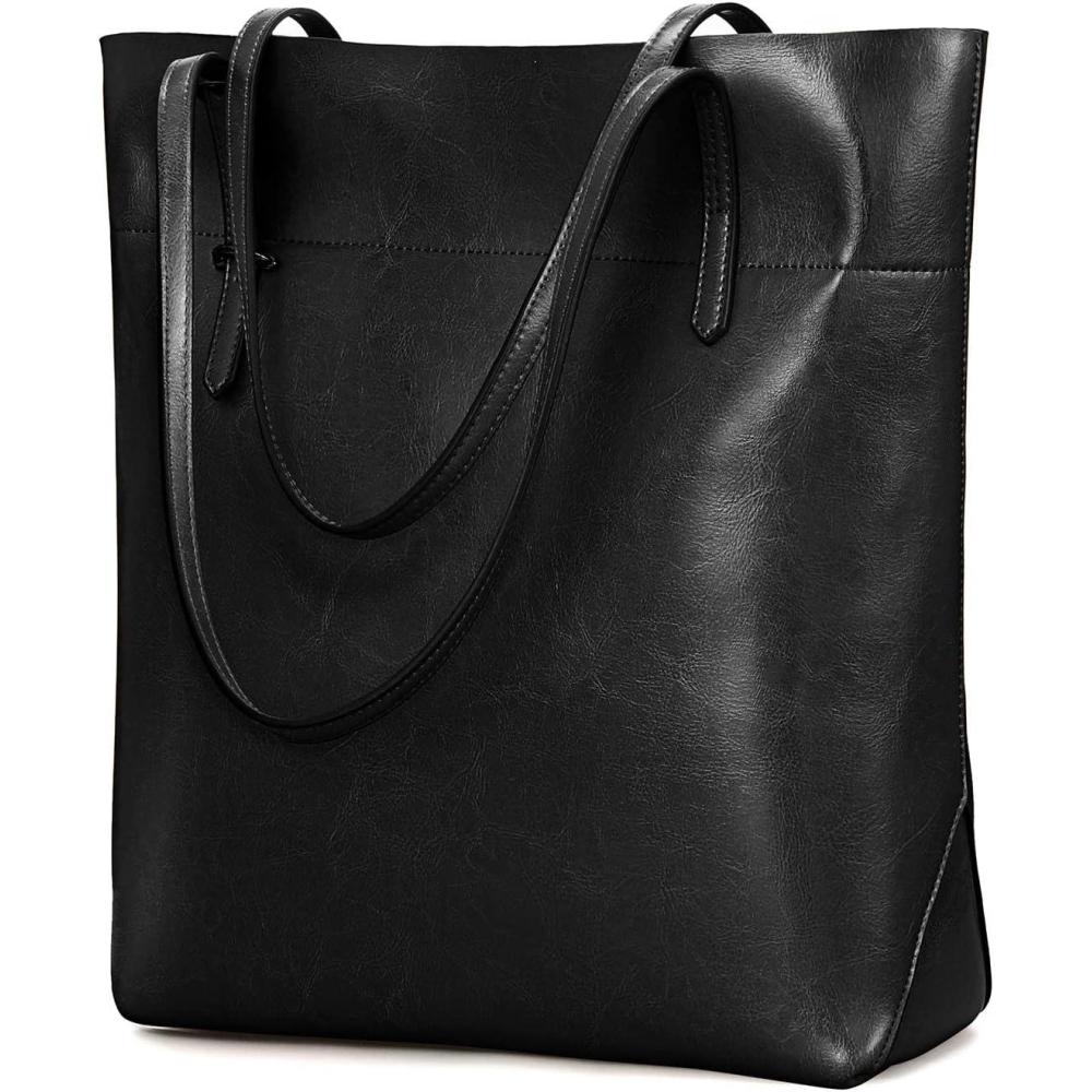imageKattee Vintage Genuine Leather Tote Shoulder Handbag for Woman with Adjustable HandlesBlack
