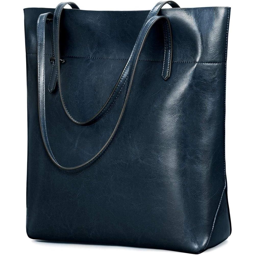imageKattee Vintage Genuine Leather Tote Shoulder Handbag for Woman with Adjustable HandlesBlue