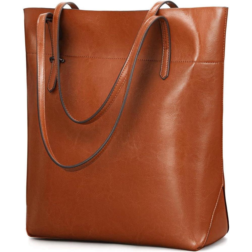 imageKattee Vintage Genuine Leather Tote Shoulder Handbag for Woman with Adjustable HandlesLight Brown