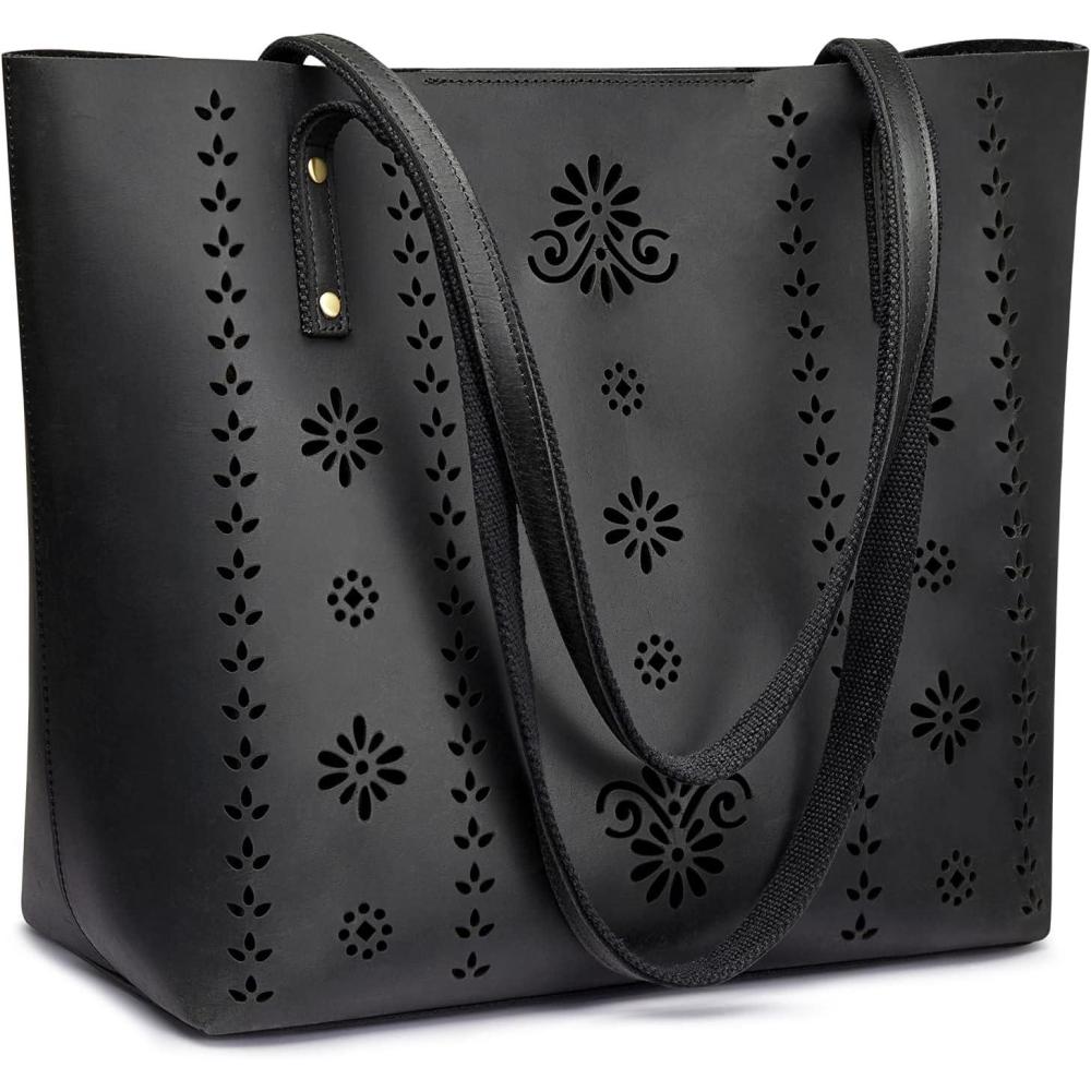 imageKattee Women Genuine Leather Tote Bags Shoulder Purses Vintage Handbags Top Handle Work Bags Thick Full GrainBlack