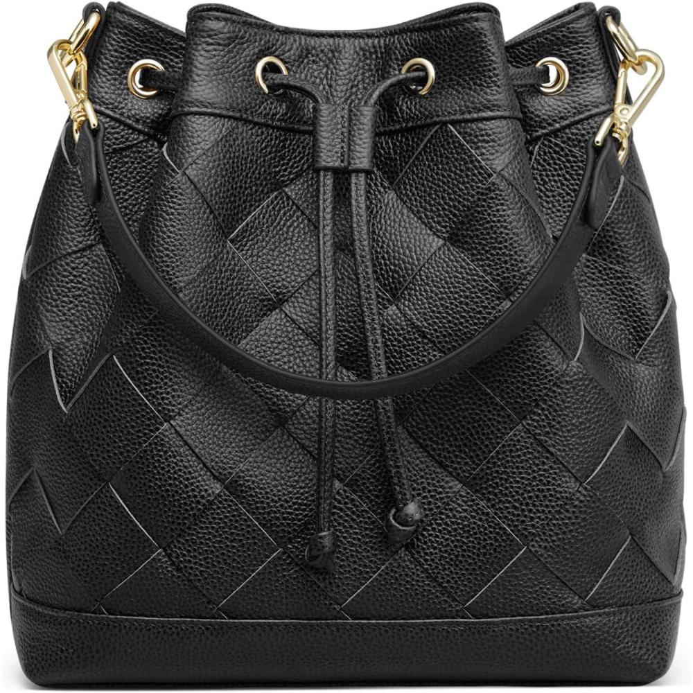imageKattee Woven Leather Bucket Bags for Women Drawstring Crossbody Hobo Purses and Shoulder Handbags with 2 StrapsBlack