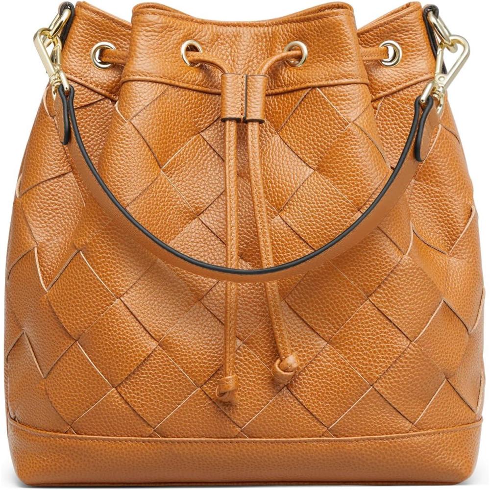 imageKattee Woven Leather Bucket Bags for Women Drawstring Crossbody Hobo Purses and Shoulder Handbags with 2 StrapsBrown