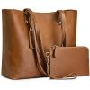 Kattee Leather Totes for Women Shoulder Bag Top Handle Satchel Purse Set 3pcs 3-in-1(Brown)
