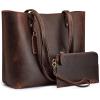 Kattee Leather Totes for Women Shoulder Bag Top Handle Satchel Purse Set 3pcs 3-in-1(Deep Brown)