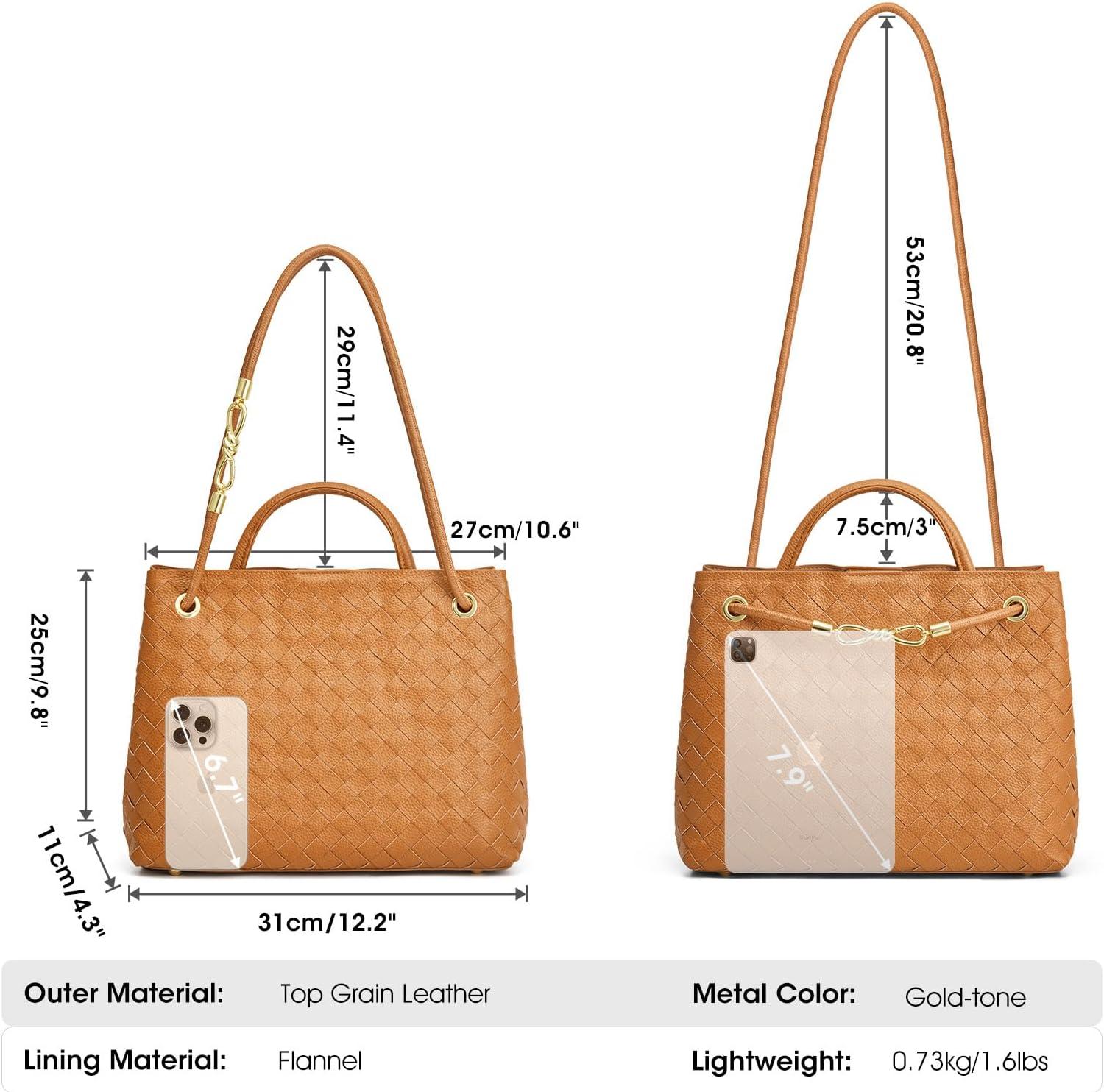 imageKattee Woven Bag for Women Tote Shoulder Crossbody Purses and Handbags Top Grain Leather Travel Work Brown