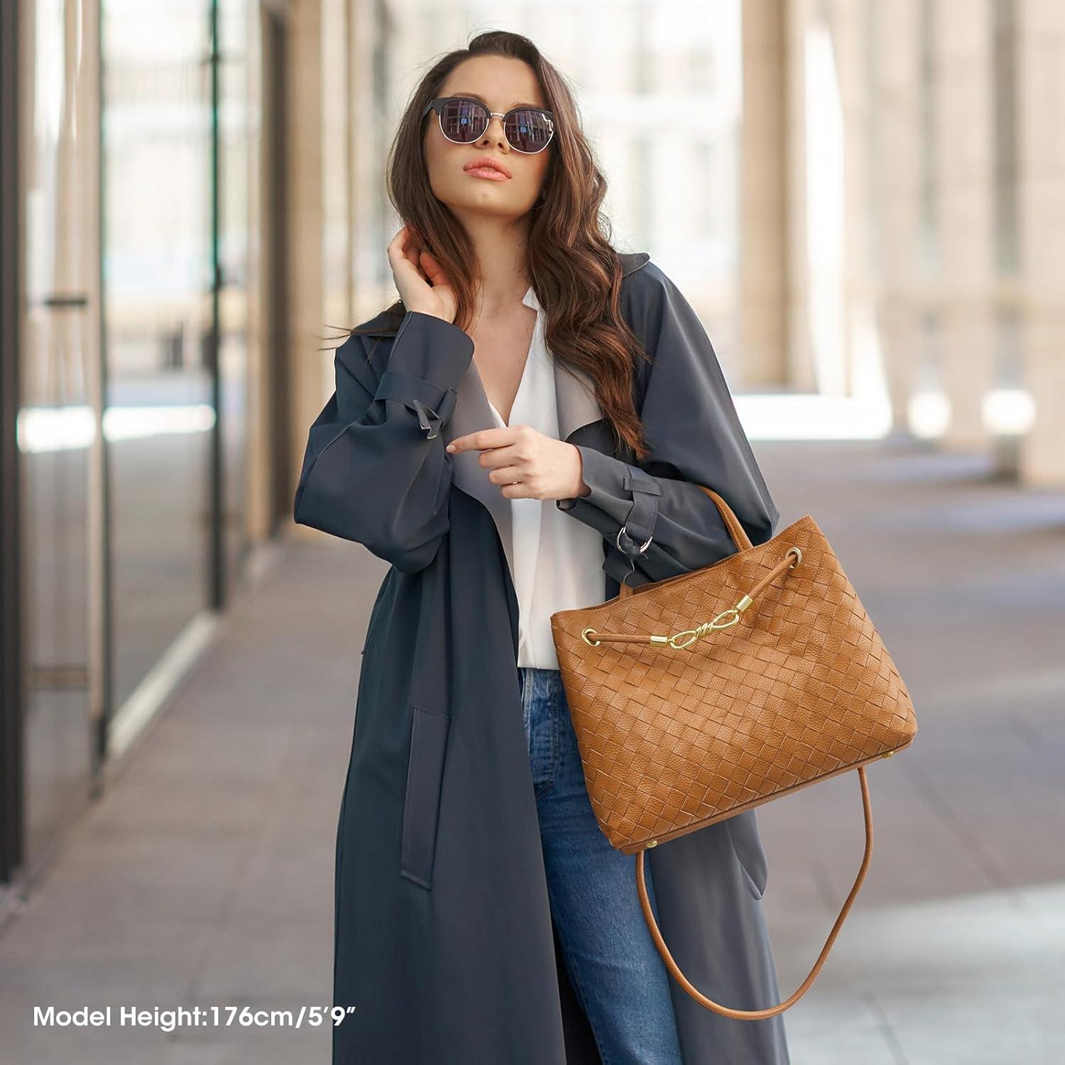 imageKattee Woven Bag for Women Tote Shoulder Crossbody Purses and Handbags Top Grain Leather Travel Work Brown