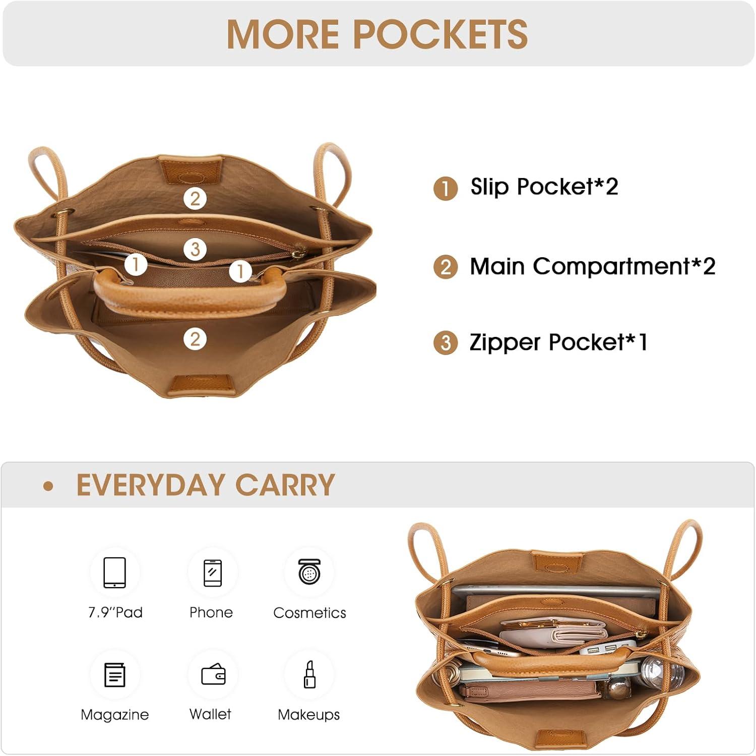 imageKattee Woven Bag for Women Tote Shoulder Crossbody Purses and Handbags Top Grain Leather Travel Work Brown