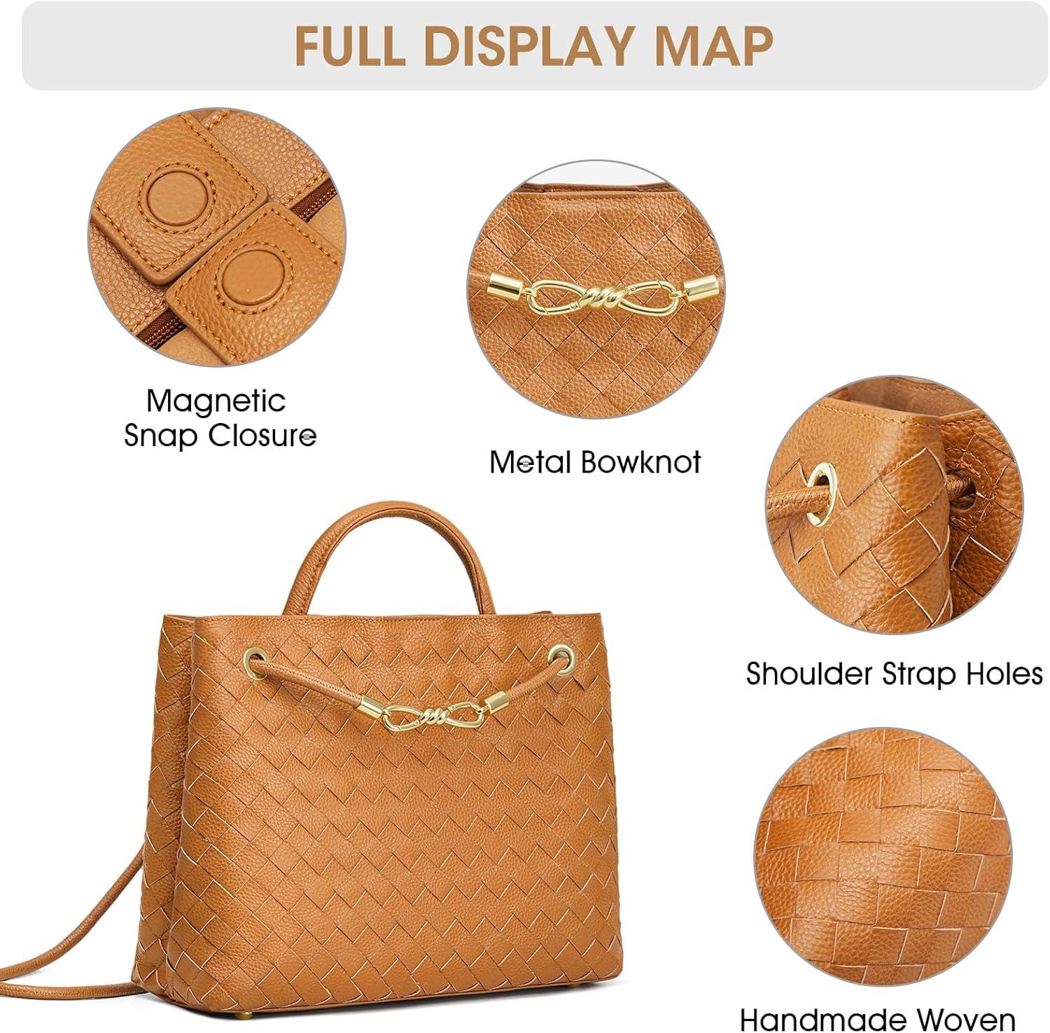 imageKattee Woven Bag for Women Tote Shoulder Crossbody Purses and Handbags Top Grain Leather Travel Work Brown