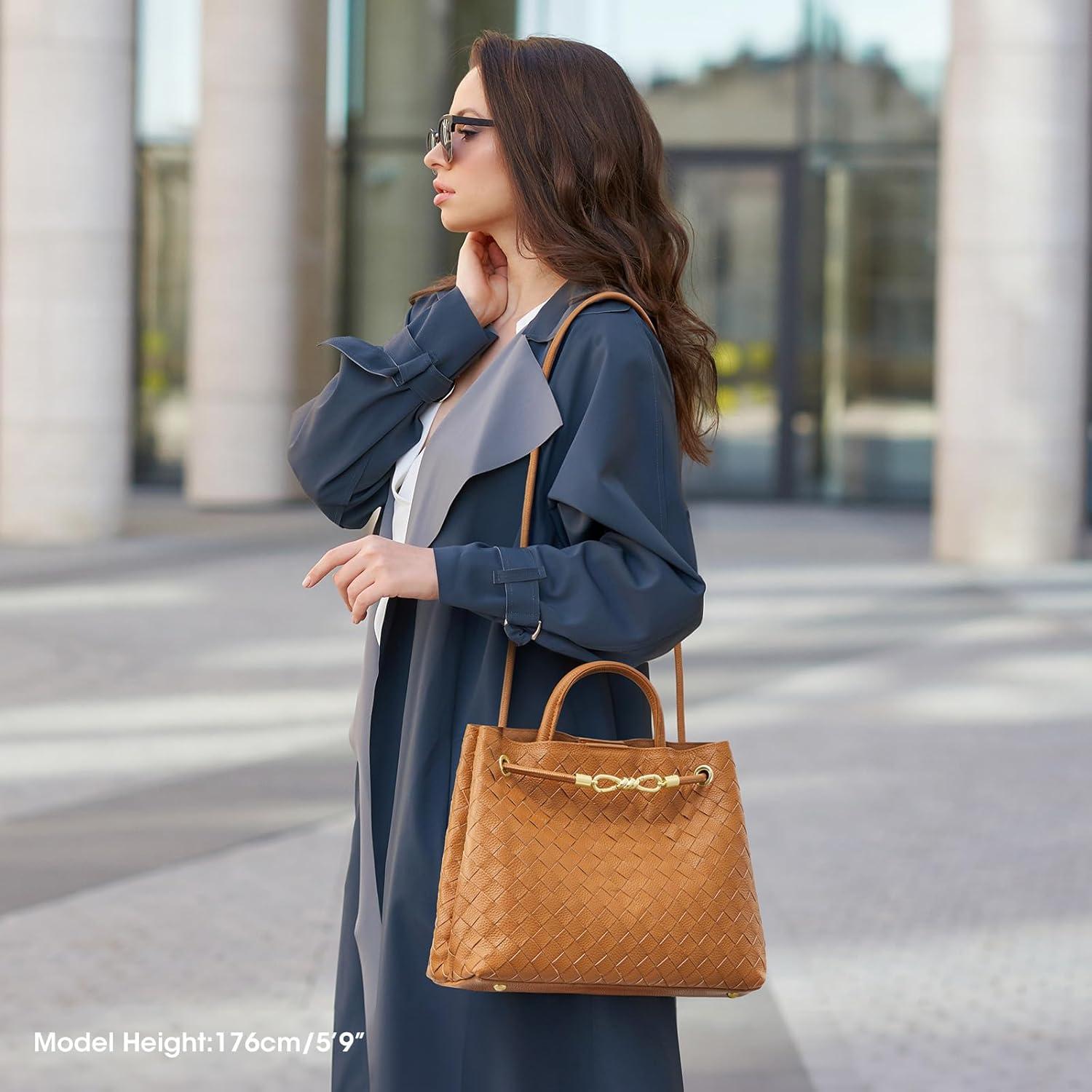 imageKattee Woven Bag for Women Tote Shoulder Crossbody Purses and Handbags Top Grain Leather Travel Work Brown