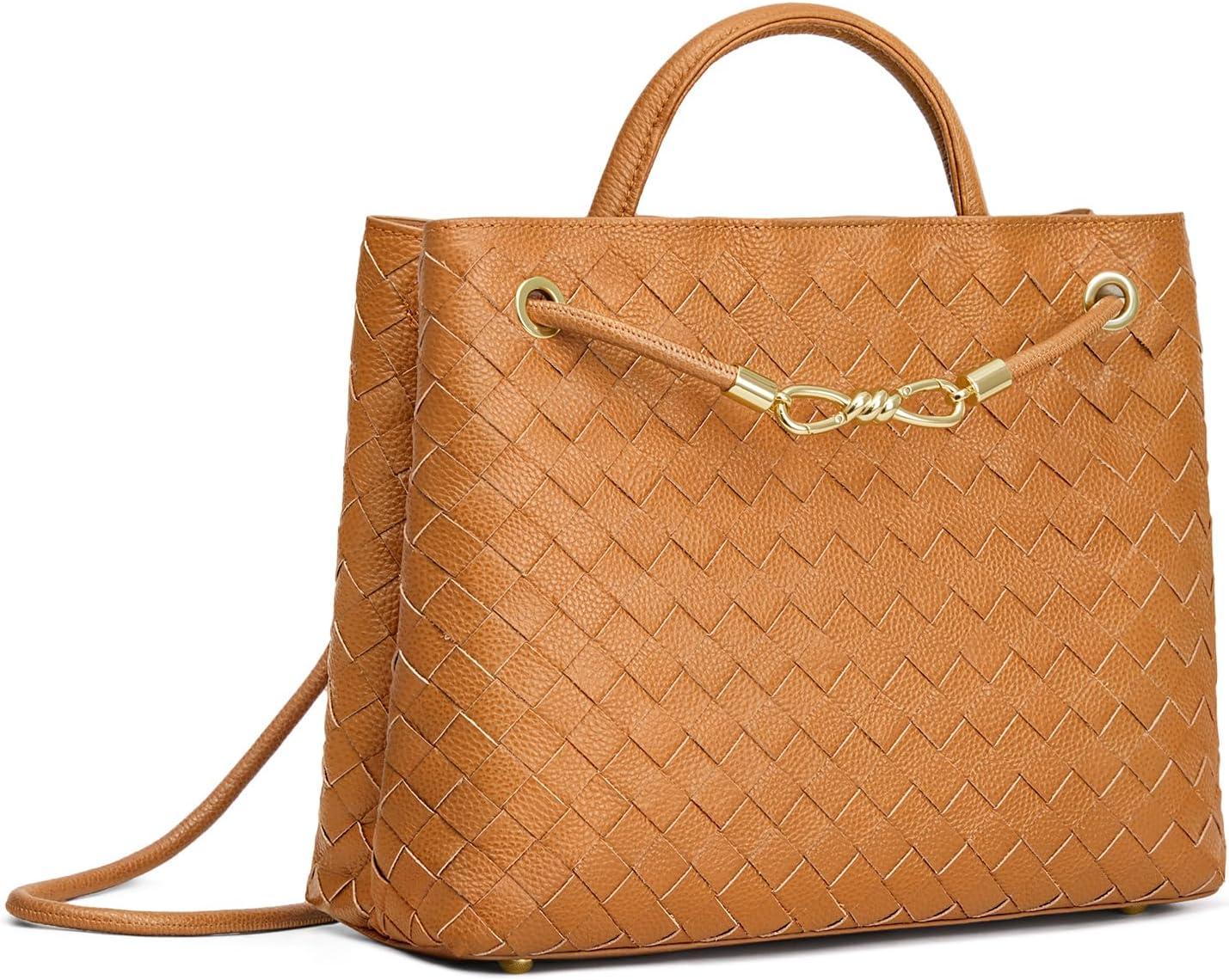 imageKattee Woven Bag for Women Tote Shoulder Crossbody Purses and Handbags Top Grain Leather Travel Work Brown