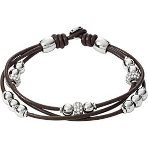Fossil Women’s Stainless Steel and Genuine Leather Bracelet for Women(Silver Glitz/Dark Brown)