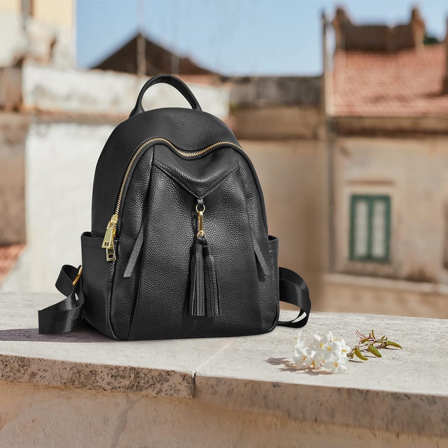 imageKattee Genuine Leather Backpack Purses for Women Soft Casual Daypack Fashion Travel Bags with Wristlet Wallet Black