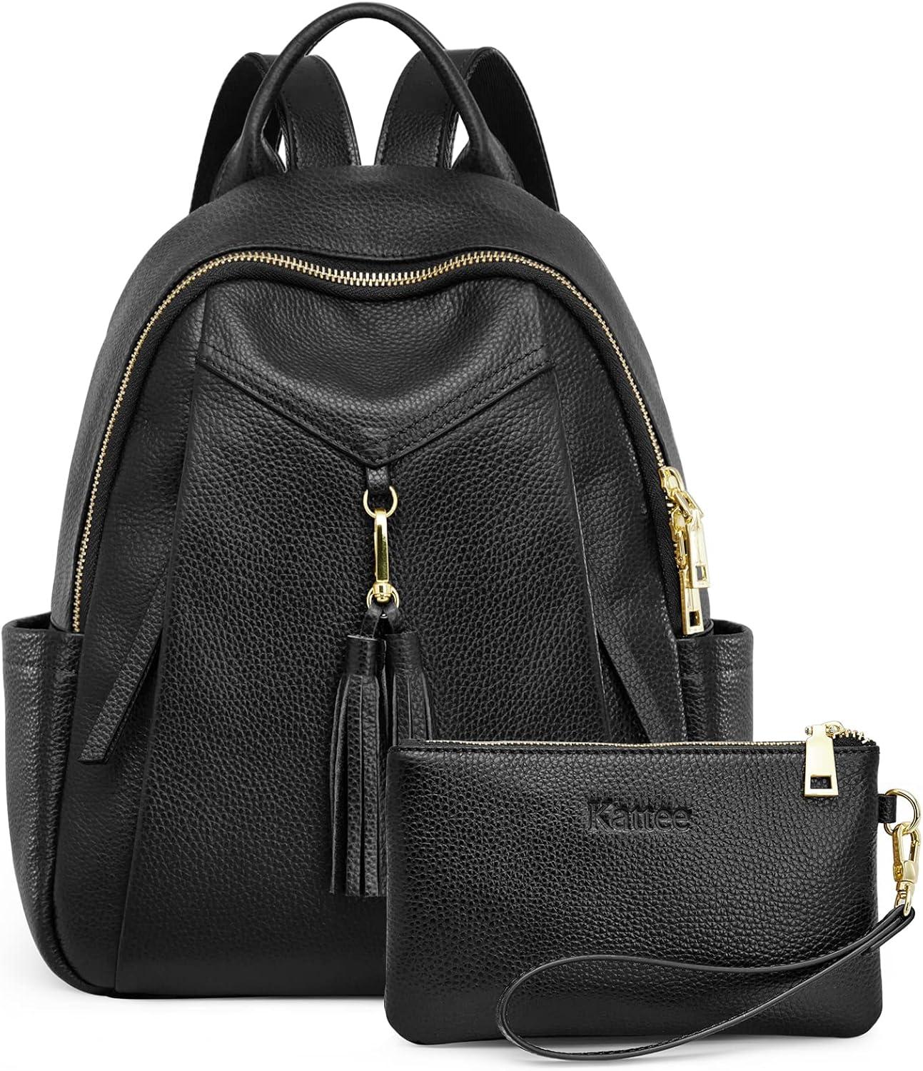 imageKattee Genuine Leather Backpack Purses for Women Soft Casual Daypack Fashion Travel Bags with Wristlet Wallet Black