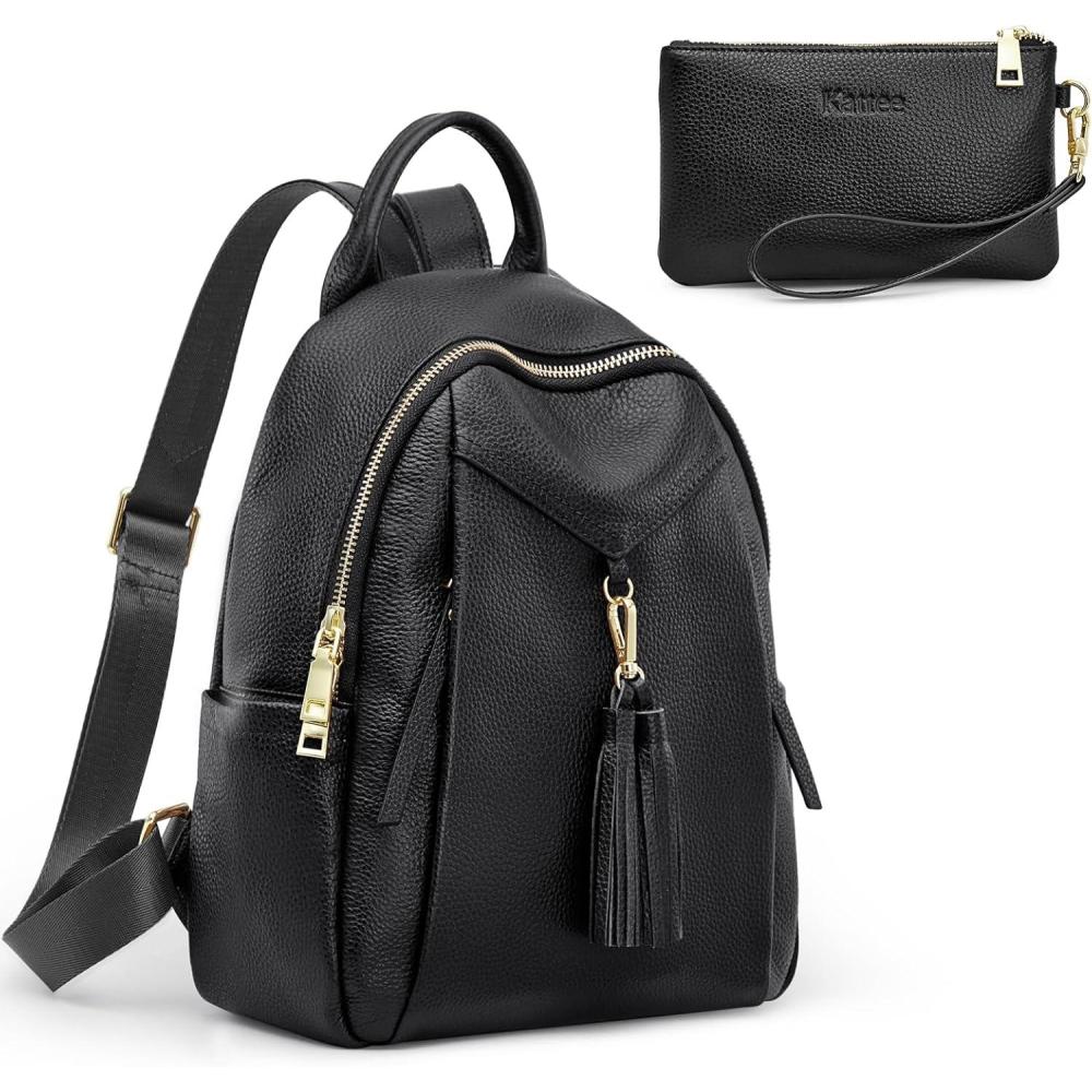 imageKattee Genuine Leather Backpack Purses for Women Soft Casual Daypack Fashion Travel Bags with Wristlet Wallet Black